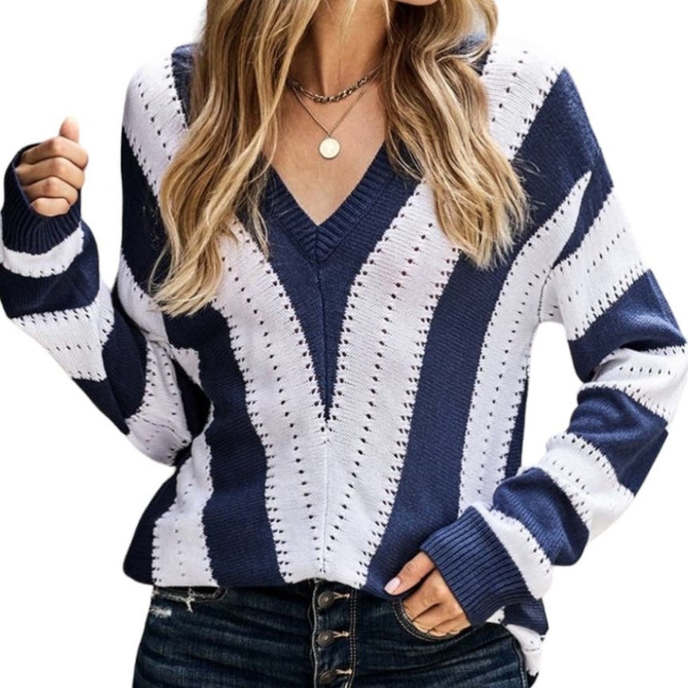 BLUE WHITE STRIPED COLOR BLOCK V NECK KNITTED SWEATER LARGE